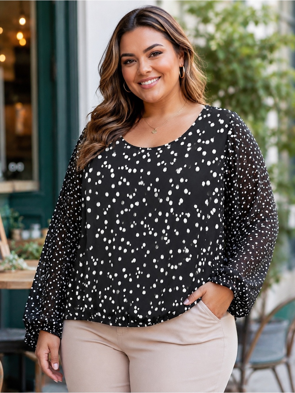 Dressbarn Woman 3X Black White Polka Dot Mixed Print Blouse Plus Size